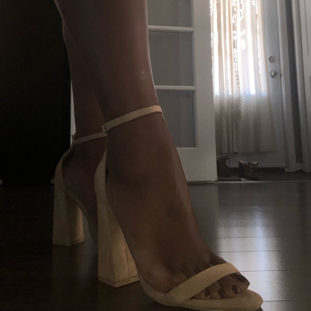 Nude beige banded block heels